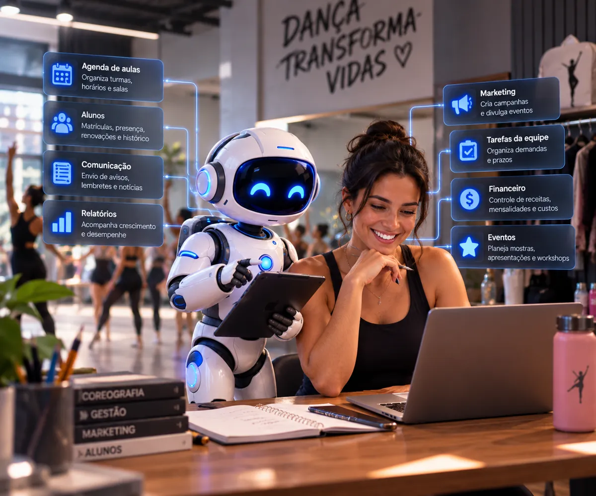 Gestora de uma escola de dança sorrindo diante do computador, com o robô da Orbhia segurando um tablet ao lado
