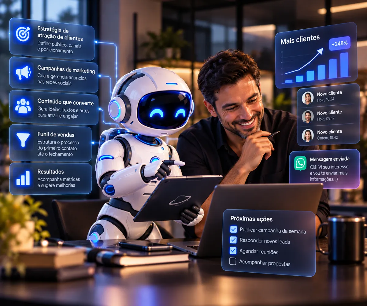 Empresário sorrindo diante do notebook enquanto o robô da Orbhia mostra o planejamento num tablet