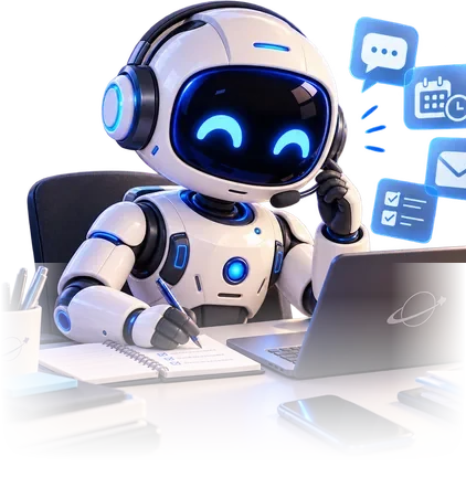 Robô da Orbhia de fone de ouvido, atendendo mensagens, agenda e e-mails no computador