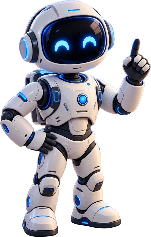 Robô da Orbhia, mascote da marca, sorrindo e apontando para cima