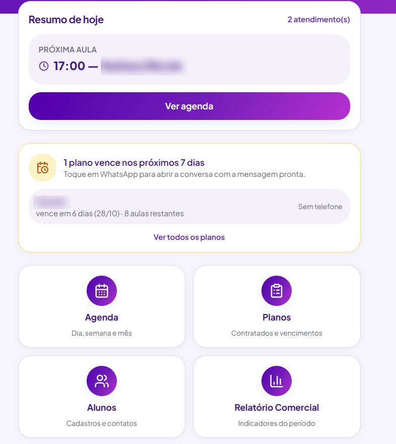 Tela inicial do app: resumo do dia, próxima aula e aviso de plano vencendo