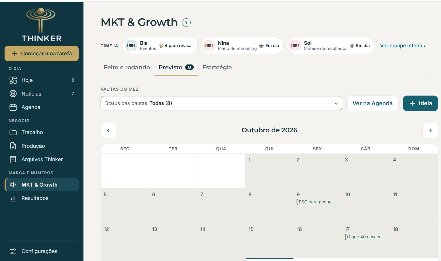 Centro de Comando com o time de IA e o calendário de pautas do mês